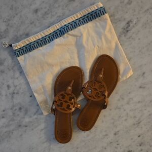 Tory Burch Brown Miller Logo Leather Thong Sandals Size 9